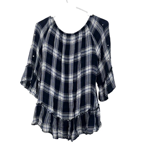 Fever Womens Plaid Ruffle Top W/ Pearl Embellishments Size 8 Rayon Navy & White - Picture 8 of 8